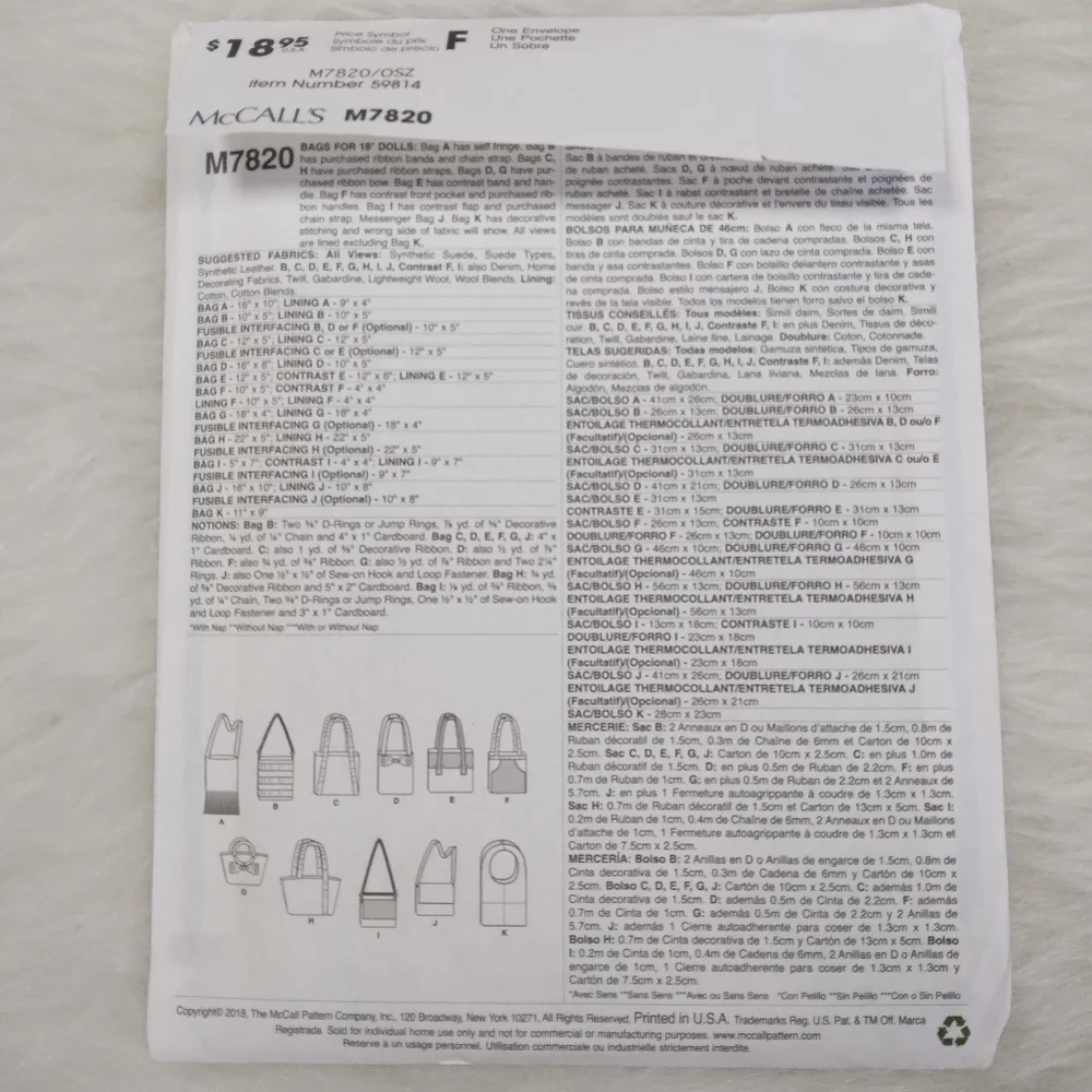 McCall's M7820 American Girl Doll purses & bags
